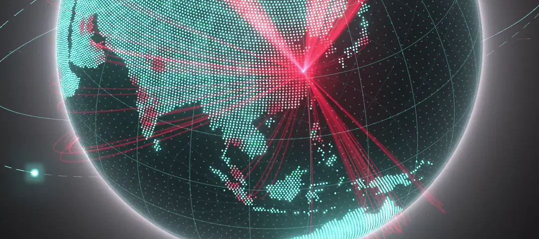 Globo holográfico com linhas vermelhas partindo do leste da Ásia